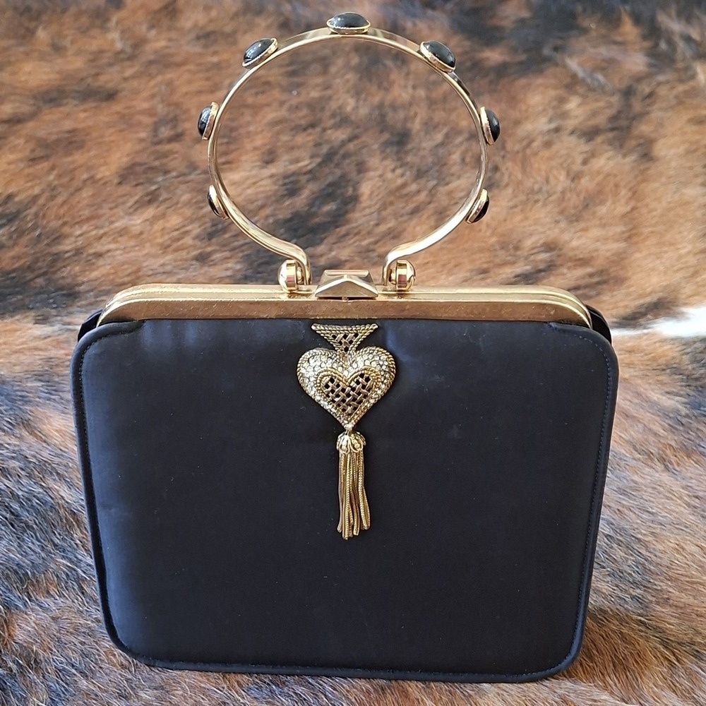 Vintage Black Satin Handbag Faye Mill Designs With Bracelet Handle Gold Charm